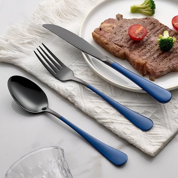 20-Piece Black Silverware Set 18/0 Stainless Steel Flatware Sapphire Blue Handle Cutlery Set Service for 4 Dinner Knives Forks Spoons Set Mirror Finish Dishwasher Safe