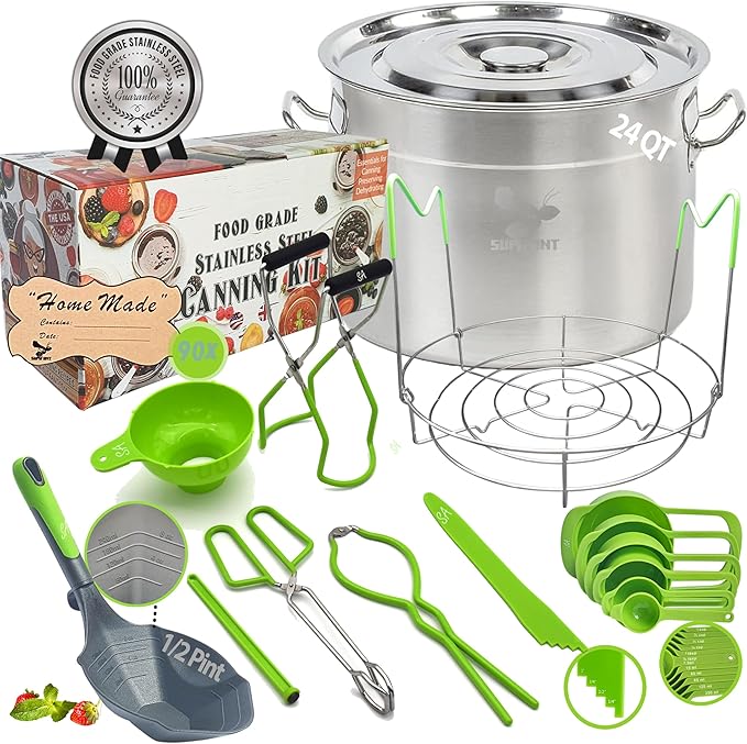 Supa Ant 24 Qt. Stainless Steel Water Bath Canning Pot with Canning Supplies Starter Kit - Canning Rack,Food Grade Canning Ladle, Measuring Cups,Funnel,Tongs,Jar Lifter & Wrench,Lid Lifter, 90x Labels