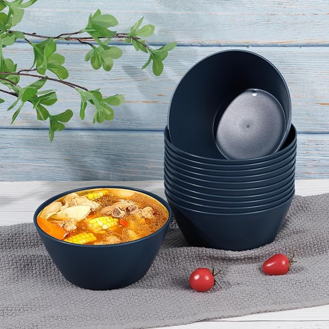 Supernal 12PCS Blue Wheat Straw Bowls - Durable Reusable Soup & Cereal Bowls, Hard Plastic Dinnerware with Smooth Edges,Disposable Plastic Bowls for Catering,Hot Food,Salad (Lightweight & Unbreakable)