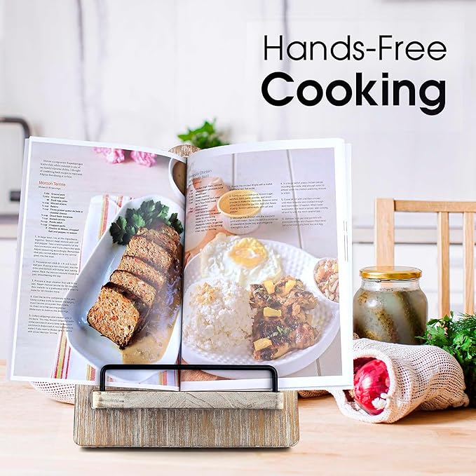 Cookbook Stand Wooden Recipe Book Holder: Recipe Book Stand for Kitchen Counter - Adjustable Cookbook Holder - Rustic Wood Cutting Board Style - Gift - Gray