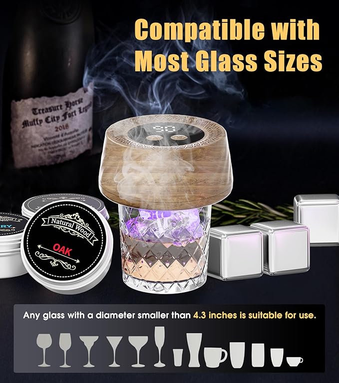 Electric Cocktail Smoker Kits with 6 Wood Chips, Whiskey Smoker Kit with Built-in Lighter, Old Fashioned Bourbon Drinking Smoking Kit, Gifts for Dad Husband Men Father Whiskey Lovers, No Butane Needed