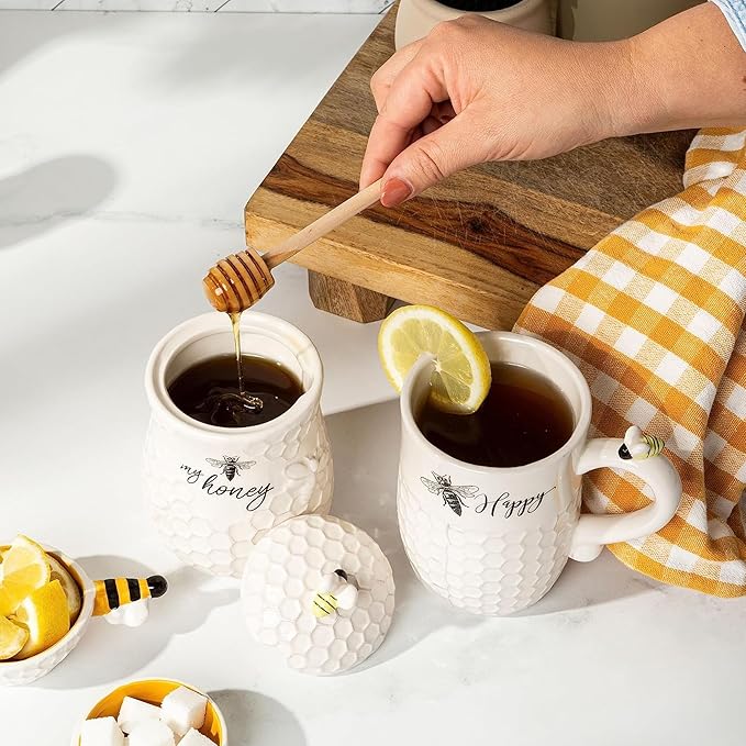 Young's Inc. Ceramic Honey Jar with Lid and Wooden Honey Dipper - Farmhouse Kitchen Decor - Tea Accessories
