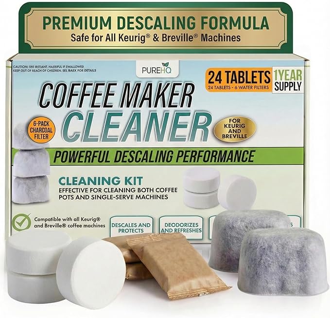 PUREHQ Coffee Machine Descaler Tablets – 24 Count Cleaning Tabs with 6 Keurig Water Filter Cartridges – Compatible with Keurig and Breville Coffee Makers
