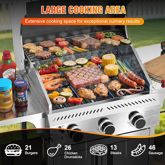 G31 Gas Grill, 3-Burner Gas Grill with Folding Side Tables,Stainless Steel 24,000 BTU BBQ Grill,Outdoor Propane Grill for Barbecue,Patio,Camping