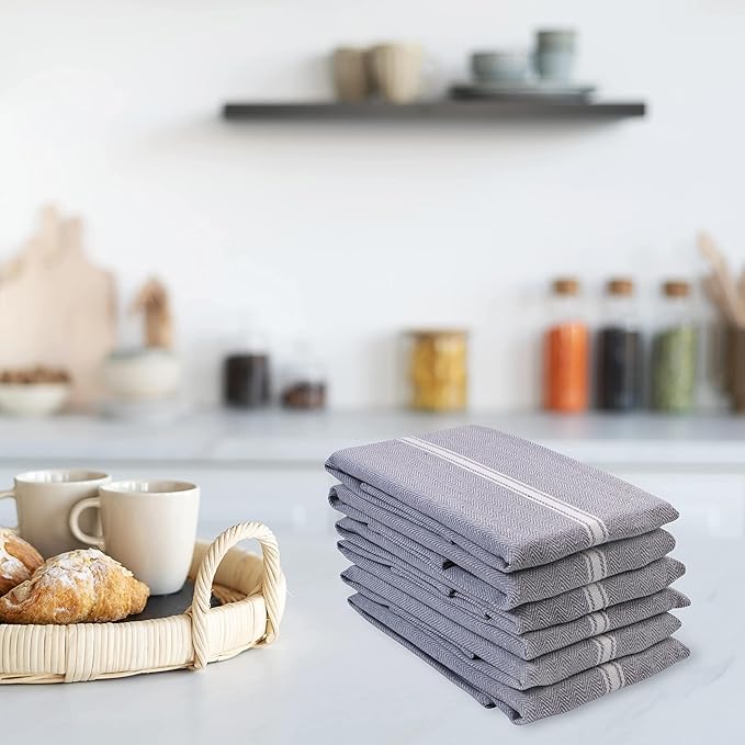 LANE LINEN 100% Cotton Kitchen Towels Set - 6 Pack Kitchen Dish Towels, Soft & Durable Size 14"x25", Good for Polishing Silverware, Cleaning Ceramic Countertops, Machine Washable - Grey Chambray