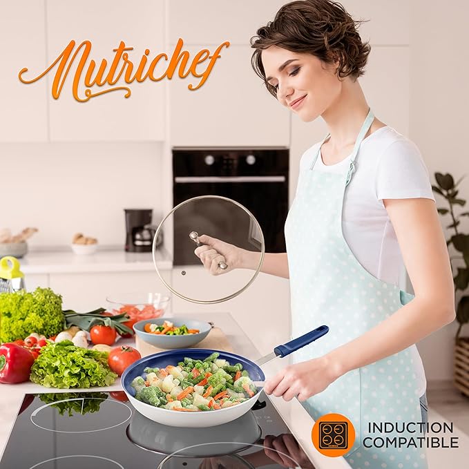 NutriChef 12" Non-Stick Medium Frying Pan, Ceramic Coating, Stainless Steel Aluminum Frying Pan with Silicone Handle, Stain-Resistant, PFOA Free – Safe for Gas, Electric, Induction, Ceramic Cooktops