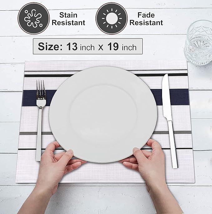 Ruvanti Placemats 100% Cotton 13x19 Inch, Dining Table Placemats Set of 6, Modern Place Mats for Dining Table Decor, Kitchen & Table Linens, Coffee Mat for Christmas Dinners - Navy Stripe