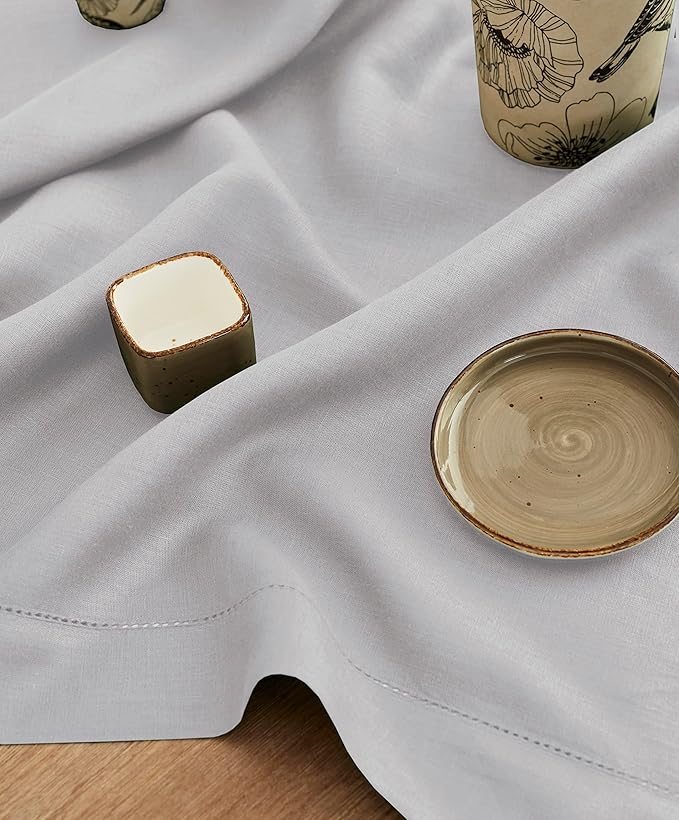 Solino Home Soft Grey Linen Tablecloth 52 x 52 Inch - 100% Pure Linen Square Table Throw - Classic Hemstitch, Machine Washable Table Cloth for Summer, Fall, Autumn
