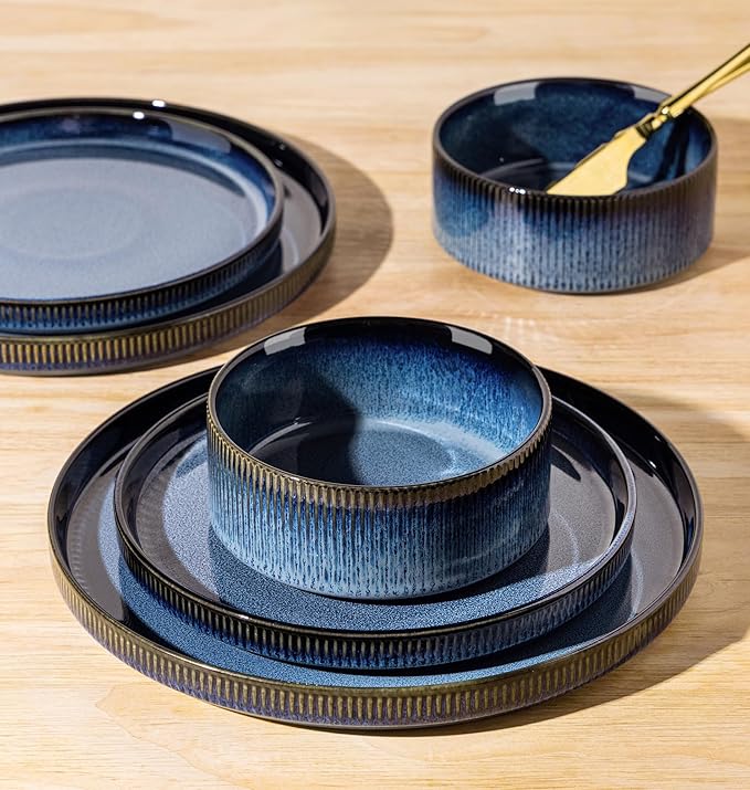 TheTerra Ceramic Dinnerware Sets for 8, 24 Pieces Porcelain Lightweight Speckled Plates and Bowls Sets, Scratch Resistant Dish Set, Oven & Microwave & Dishwasher Safe, Starry Blue