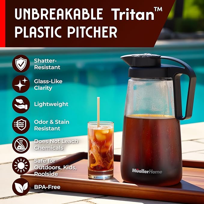 Cold Brew Coffee Maker, 64 oz Tritan Fortified Pitcher, Pour Spout Handle Lid, Resilient & Leak-Proof for Iced Coffee Tea