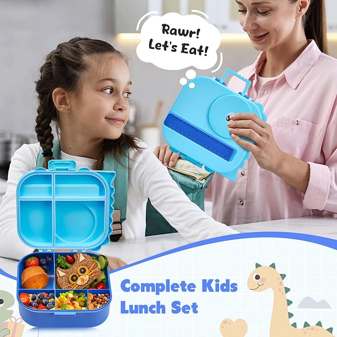 Bento Lunch Box with Thermo, 4-Compartment Bento Box with Adjustable Dividers, Leakproof Dinosaur Lunch Box with 14.2OZ Insulated Food Jar & Sauce Jar, for School Office Travel (Blue)