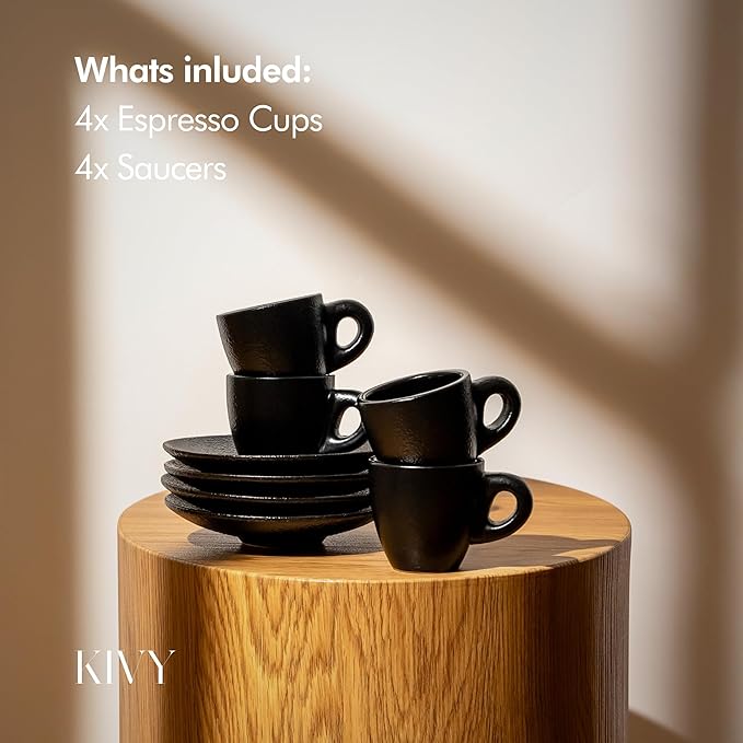 KIVY 3 oz Espresso cups set of 4 - Thick walled stoneware espresso cup set - Italian style cups and saucers - Demitasse cups set of 4 - Espresso mugs black - Coffee shot cups & saucers
