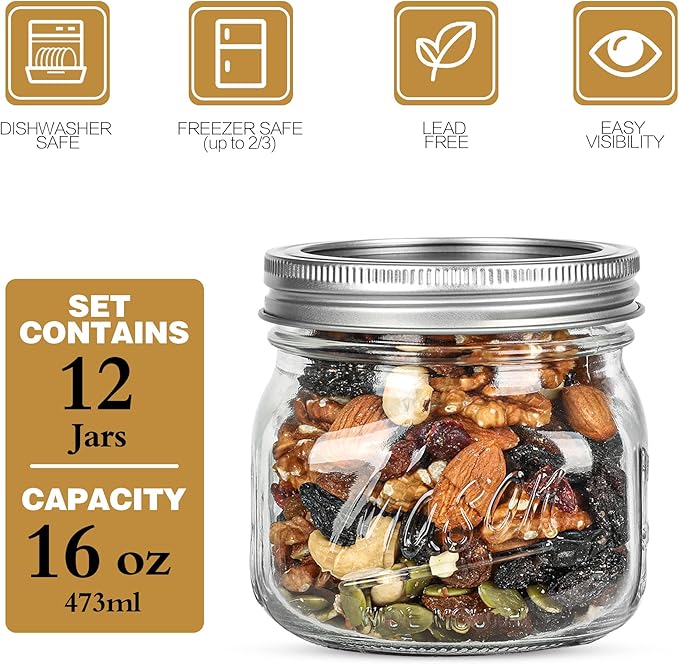 12PCS Wide Mouth Mason Jars 16oz with Airtight Lids and Bands, Canning Jars with Crystal Glass for Food Storage, Spice Jars, Canning, DIY Projects, Jam, Jelly, Honey, Preserving, Drinking