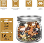 12PCS Wide Mouth Mason Jars 16oz with Airtight Lids and Bands, Canning Jars with Crystal Glass for Food Storage, Spice Jars, Canning, DIY Projects, Jam, Jelly, Honey, Preserving, Drinking