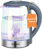 TOPWIT Electric Kettle, Colorful Glass Tea Kettle, 2.0L Hot Water Kettle Electric, BPA-Free Stainless Steel Lid & Bottom, Electric Kettles for Boiling Water, Auto Shut-Off & Boil Dry Protection, Grey