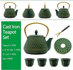 YJX Cast Iron Teapot and Cups Set, 33.8oz Hexagon Pattern Tea Pot Enameled Interior, Tea Kettle for Stovetop, Japanese Teapot Set with Teacups for Adults, Green Kettle with Infuser for Loose Leaf