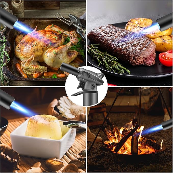 Butane Torch Blow Torch Creme Brulee Torch Refillable Butane Torch Lighter Kitchen Torch Cooking Torch for Food Baking Crafts BBQ Creme Brule(Safety Lock & Adjustable Flame)