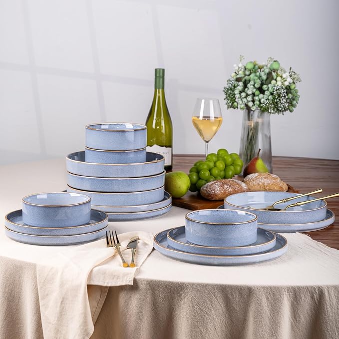 GBHOME 9'' Large Ceramic Pasta Bowls, 32oz Stoneware Pasta Serving Bowls Set of 4 for Kitchen, Wide Bowls for Fruit,Pasta,Salad,Oatmeal,Meal, Microwave Safe, Reactive Glaze-Brunnera Blue