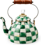MACKENZIE-CHILDS Enamel Tea Kettle, Stylish Tea Kettle for Stovetop, Green-and-White Emerald Check, 3 Quarts