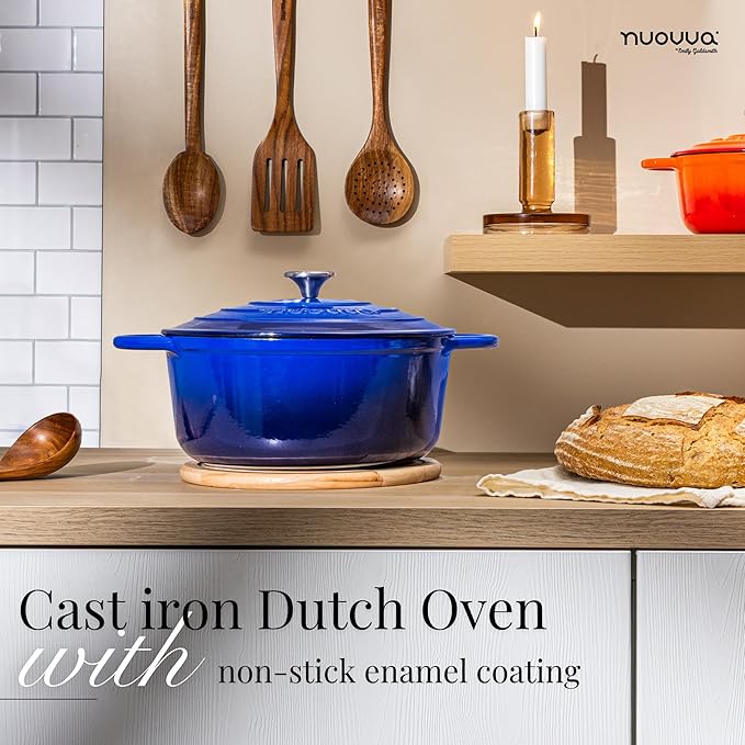 Nuovva Enamelled Cast Iron Dutch Oven Pot with Lid – 6.4 Quart Non Stick Casserole Pot – Heavy Duty & Oven Safe up to 500° F for Bread Baking, Braising, Stews, Roasting – 28cm Dark Blue