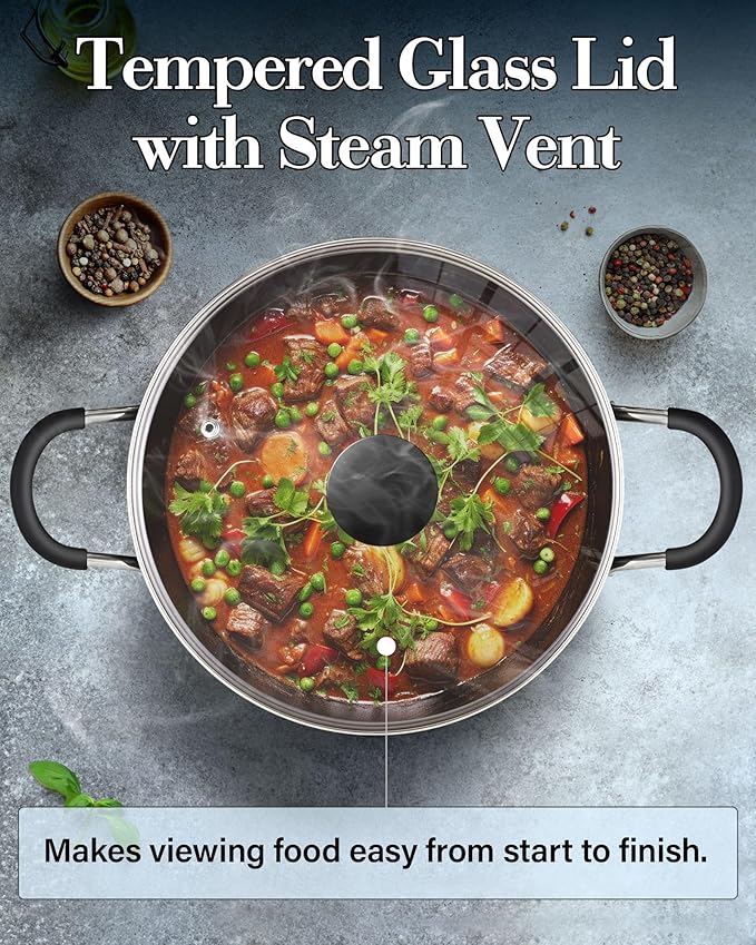 Cook N Home Nonstick Stockpot with Lid 8-QT, Professional Deep Cooking Pot Canning Cookware Stock Pot with Glass Lid, Black