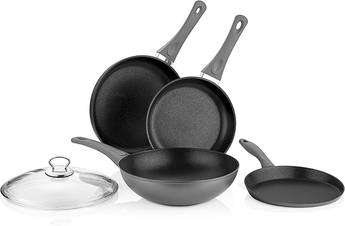 Saflon Titanium Nonstick 5 Piece Wok and Fry Pan Set 4mm Forged Aluminum with PFOA Free Scratch-Resistant Coating from England, Dishwasher Safe