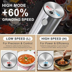 Vivosparks Electric Salt and Pepper Grinder Set, Upgraded 2-Speed Rechargeable Mills with 6-Level External Adjustable Coarseness, Stainless Steel, One-Hand Use, Storage Base & Gift Packaging
