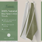 Salt Earth Kitchen Towels Cotton Dish Towel Size 24x14 Inches Set of 4 100% Ring Spun Cotton Absorbent Quick Dry Herringbone Weave Lint Free Washable Dishcloth Hanging Loop Color White & Green Stripe