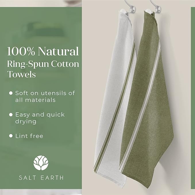 Salt Earth Kitchen Towels Cotton Dish Towel Size 24x14 Inches Set of 4 100% Ring Spun Cotton Absorbent Quick Dry Herringbone Weave Lint Free Washable Dishcloth Hanging Loop Color White & Green Stripe