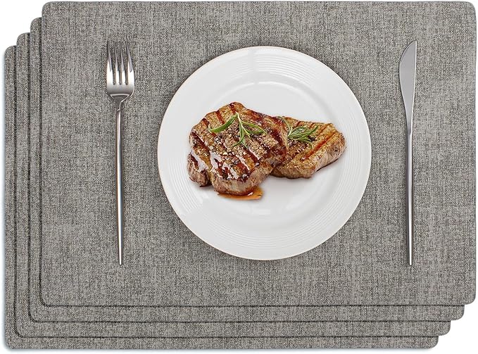 Softalker Vinyl Placemats Set of 4 - Faux Leather Heat Resistant Place Mats, 100% Waterproof Oilproof Wipe Clean Table Mats for Indoor & Outdoor Use, 17’’×12’’, Light Grey