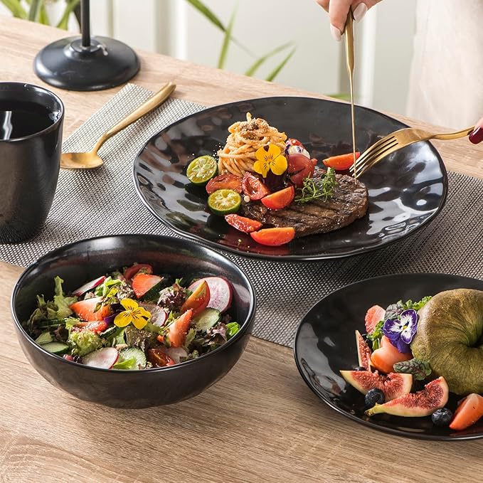 vicrays Ceramic Dinner Plates Set, 10 Inch, Microwave, Oven, Dishwasher Safe, Round, Porcelain Fluted Suitable for Steak, Pasta, Pizza, Home, Restaurant - Set of 6 Black
