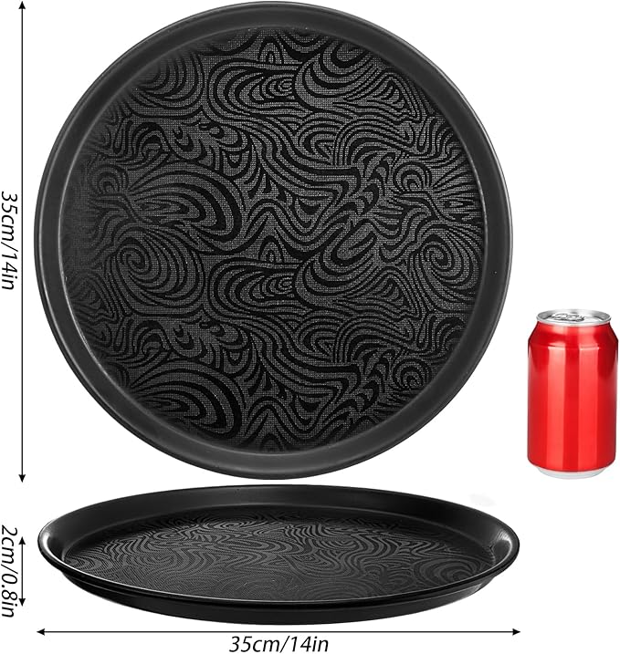 Hacaroa 4 Pack Round Restaurant Serving Tray, 14 Inch Black Plastic Server Tray Non-Slip Food Serving Platter for Drinks, Bar, Cafeteria, Hotel, Coffee Table, Raised Edges