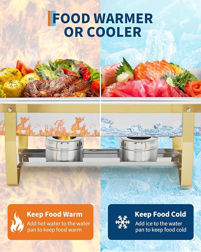 Garvee Chafing Dish Buffet Set 4 Pack, 8QT Buffet Servers and Warmers Set with Lid & Foldable Frame, Rectangular Stainless Steel Chafer Food Warmer for Parties Wedding Catering Supplies, Gold