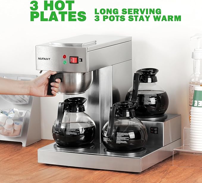 12 Cup Commercial Coffee Maker, Manual Filling Drip Coffee Maker Machine with 3 Glass Carafes 3 Warmers, Stainless Steel Pour Over Coffee Brewer with Hot Water Supply for Restaurant Office Cafe