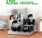 12 Cup Commercial Coffee Maker, Manual Filling Drip Coffee Maker Machine with 3 Glass Carafes 3 Warmers, Stainless Steel Pour Over Coffee Brewer with Hot Water Supply for Restaurant Office Cafe