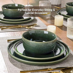 GBHOME Ceramic Dinnerware Sets for 4, 12 Pieces Stoneware Plates and Bowls Sets, Scratch Resistant Dishes, Dishwasher & Microwave Safe, Reactive Glaze-Earth Green