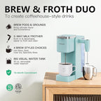 Single Serve Coffee Maker with Built-in Detachable Milk Frother, Iced and Hot Coffee Machine for K Cup & Grounds, 40oz Removable Water Reservoir, 6 Cup Sizes, Fits 7.3" Travel Mug, Teal