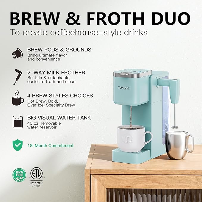 Single Serve Coffee Maker with Built-in Detachable Milk Frother, Iced and Hot Coffee Machine for K Cup & Grounds, 40oz Removable Water Reservoir, 6 Cup Sizes, Fits 7.3" Travel Mug, Teal