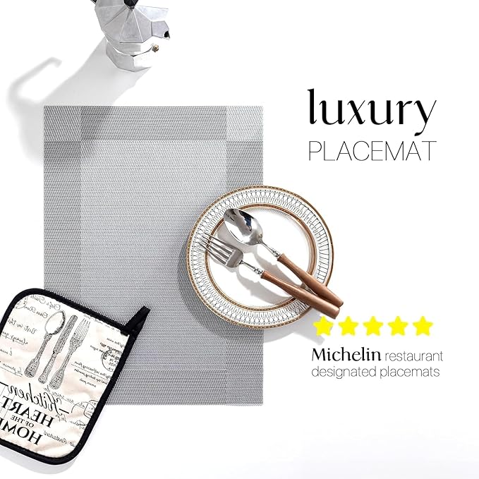 LEXMORE PlaceMats Set of 12 Vinyl/Plastic Woven Place Mats for Kitchen Table Indoor/Outdoor Washable PlaceMat Wipeable Dining Table Mats(Silver Cube)