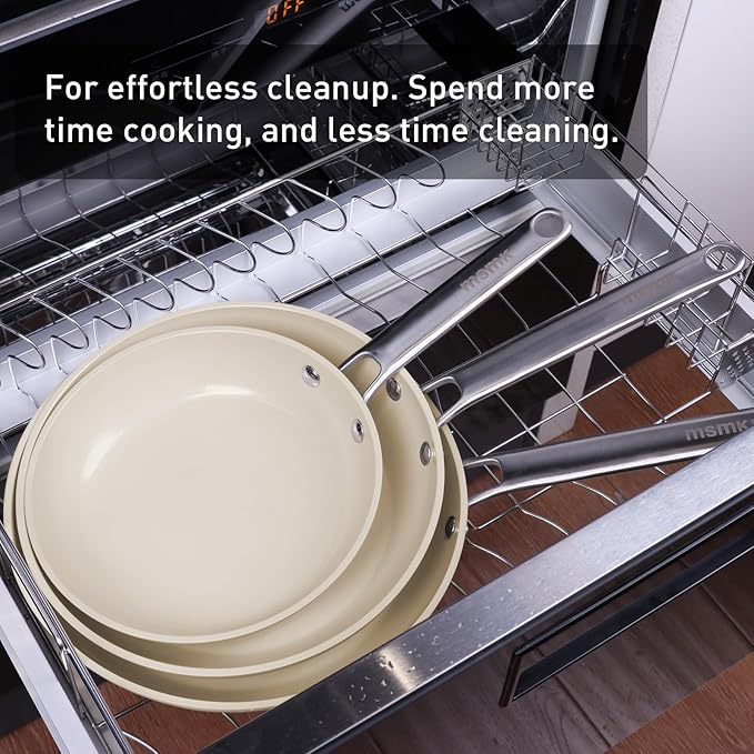 MsMk Ceramic Nonstick 8-inch, 9.5-inch and 11-inch Frying Pan Set, No PFAS & PTFE & PFOA, Stainless Steel Handle, Dishwasher & Oven Safe,induction Base