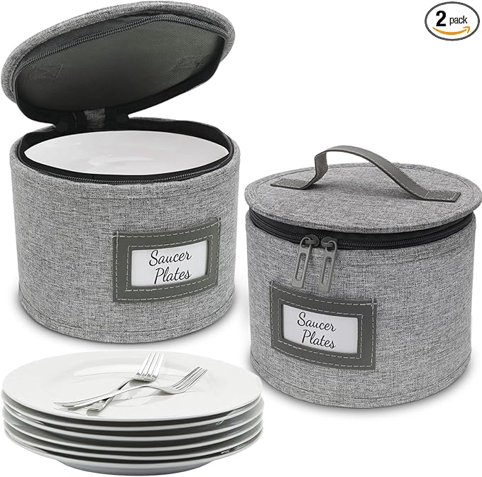HOMELUX THEORY Saucer Plate Storage Box, 2pc LightGray Hard Shell China Storage Containers Thick Lid & 24 Felt Pads, Heavy Duty Moving Box with Handles for Dishes, Dinner Plate, & Dinnerware