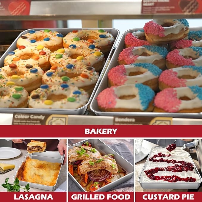 Leonyo Stainless Steel Baking Trays, 9.3 x 7 Inch Bakeware Cake Pan, Rectangle Lasagna Pan for Commercial Kitchen, Focaccia Bread, Casserole Dish - 2 Inch Deep