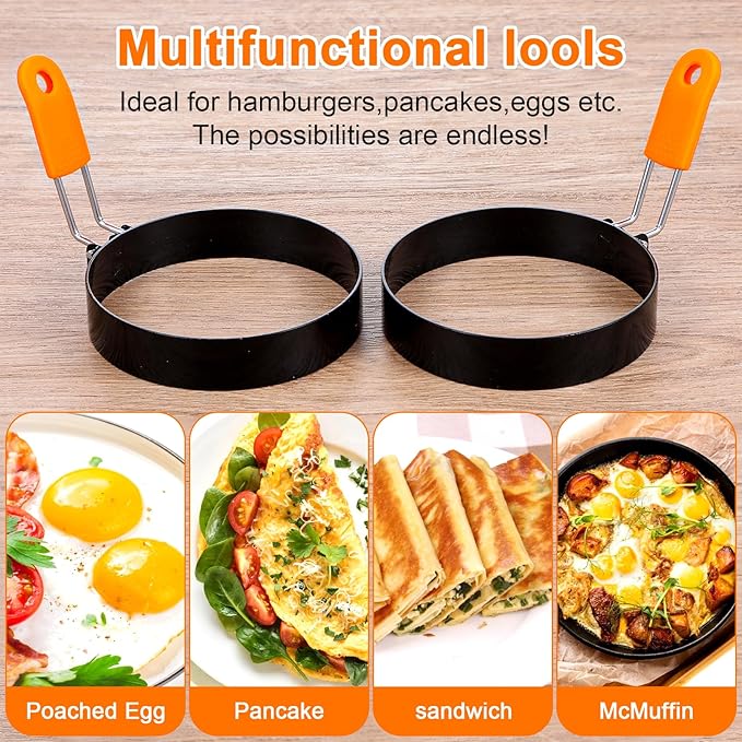 6 Pcs Professional Egg Ring Pancake Ring Set Stainless Steel Fried Egg Ring Griddle Pancake Shapers with Grill Oil Brush & Egg Separator for Breakfast Omelette Sandwich (4, 6 Inch)