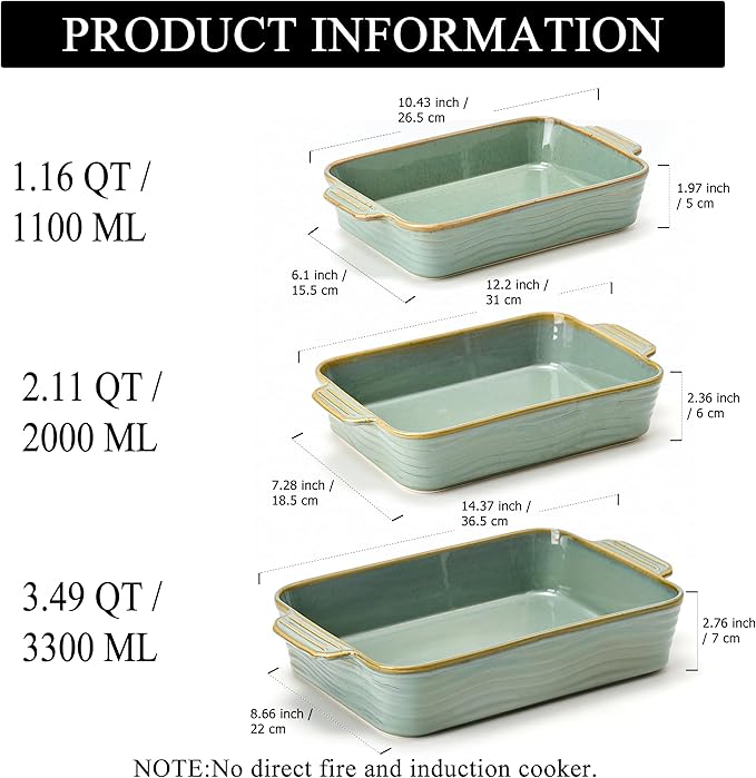 Ceramic Baking Dish Set of 3, Casserole Dishes for Oven, Square Porcelain Bakeware Set with Handles, Lasagna Baking Pan for Cooking, Perfect for Baking and Serving, Housewarming, Halloween, Thanksgiving, Christmas, New Year- Green
