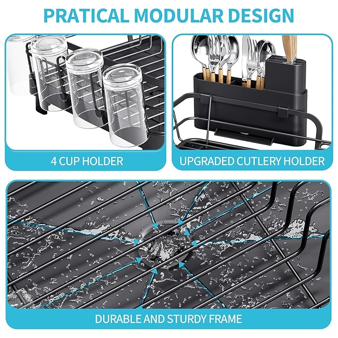 Dish Drying Rack for Kitchen Counter, Multifunctional Dish Drainer Rack, Kitchen Dish Rack, Sink Dishes Strainer, Plate Rack with Drain Board, Cup Holder, and Cutlery Holder,Medium Size Black