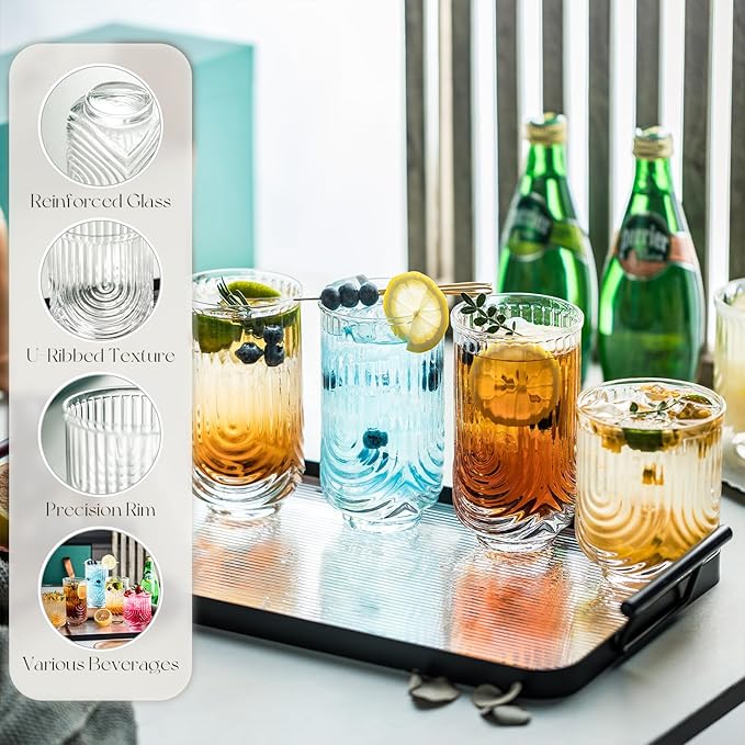 Art Deco Cocktail Glasses, Highball Glasses Set Of 8, Ribbed Glasses, Drinking Glasses Set, Unique Glassware, Beverages Ice Coffee Cup, Ideal for Whiskey, Beer, Juice, Water