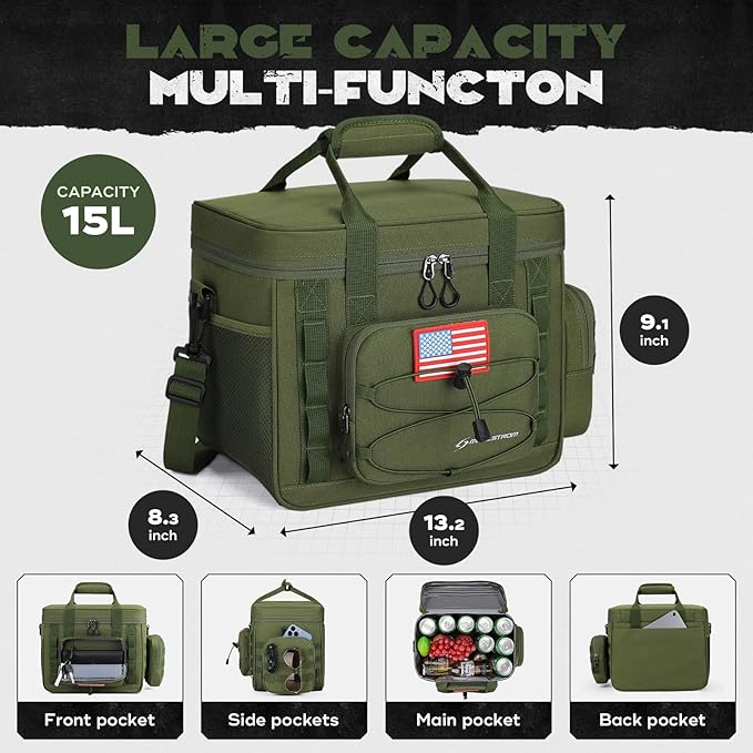 Maelstrom Tactical Lunch Box, Insulated Lunch Bag for Men, Large Leakproof Soft Cooler Bag with Detachable MOLLE Bags, Durable Lunch Tote for Adult Women Work,Picnic,20 Cans/15 L, Army Green