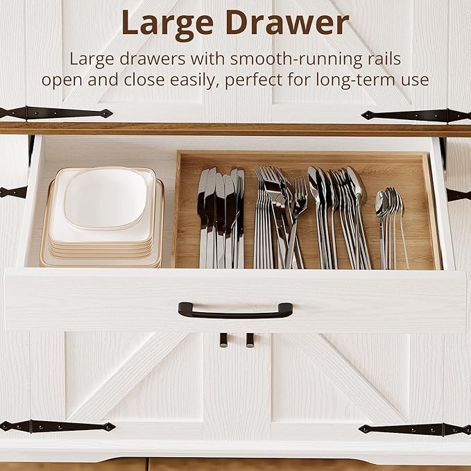 IRONCK Farmhouse Kitchen Pantry Cabinet, Tall Storage Cabinet with 6 Hanging Shelves and Adjustable Shelves, Freestanding Cupboard with Barn Doors for Kitchen, Dining Room， White/Walnut