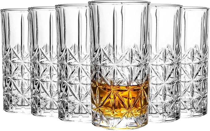 Highball Glasses - Water Glasses Set of 6-14 Ounce Collins Tall Beverage Cups Glassware for Drinks, Coctail, Water, Beer, Soda