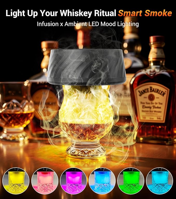 Whiskey Smoker Kit with Built-in Lighter, Electric Cocktail Smoker Kits with 6 Wood Chips Old Fashioned Bourbon Drinking Smoking Kit Gifts for Dad Husband Men Father, No Butane Needed, Black